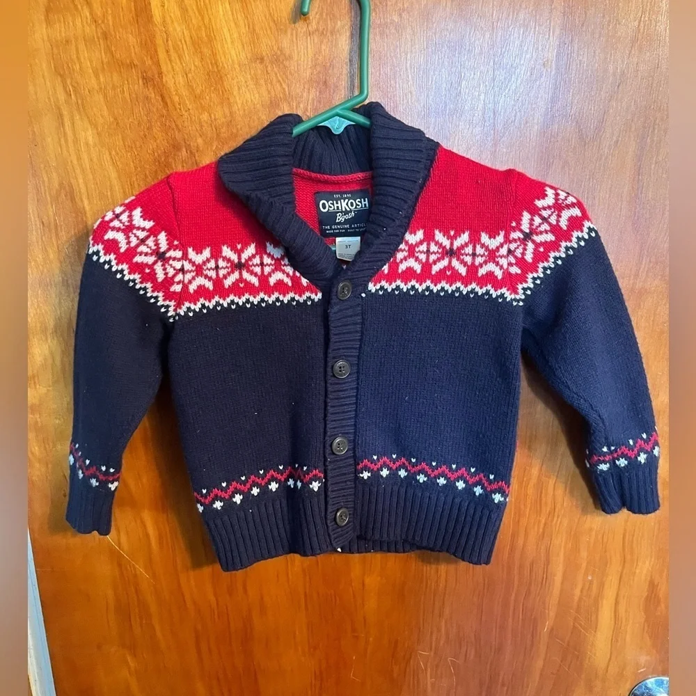 3T OshKosh B'gosh Boy's Red White & Blue Nordic Cardigan Sweater - Picture 1 of 4